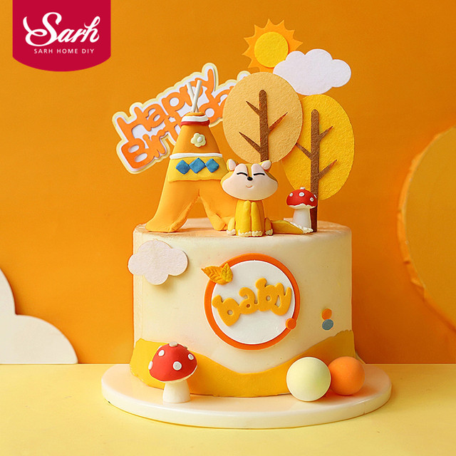 Sitting Fox Orange Yellow trees Cake Toppers Boy Girl Birthday Dessert  Decoration for Children's Day Party